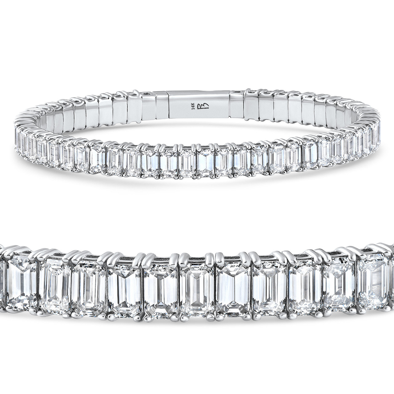 16Ct Emerald Diamond Tennis Flexible Bangle Bracelet 14k White
